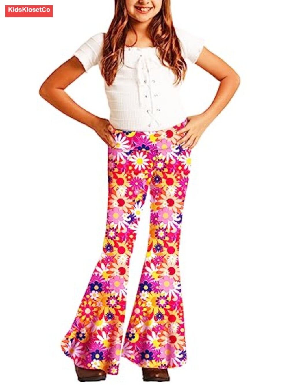 Girls High Waist Floral Flare Pants 60s 70s Hippie Bell Bottom - Picture 2 of 6